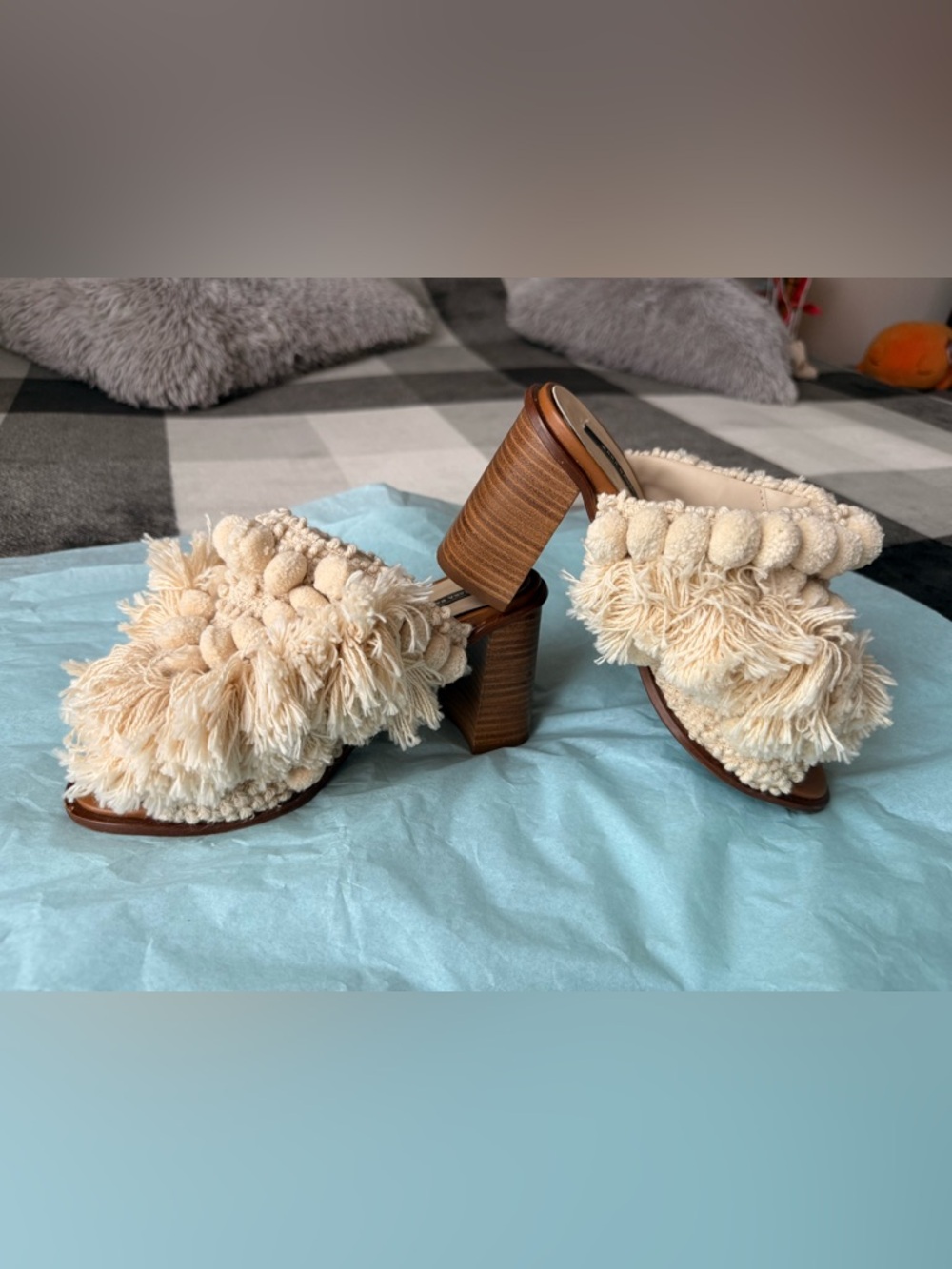 Zara Cream Fringe Block Heel Mule - Women's Fashion Sandal size 37